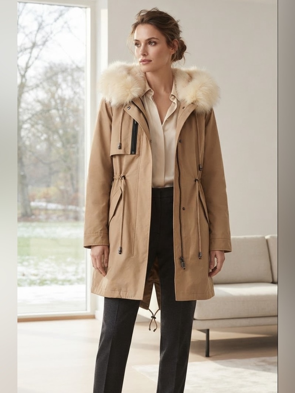 Women's Tan Parka with Fox Fur Trim